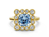 Yellow gold Fancy Blue Cushion  Halo Diamond Cluster Engagement Ring with Milgrain Bezel Setting and Solitaire Band_27