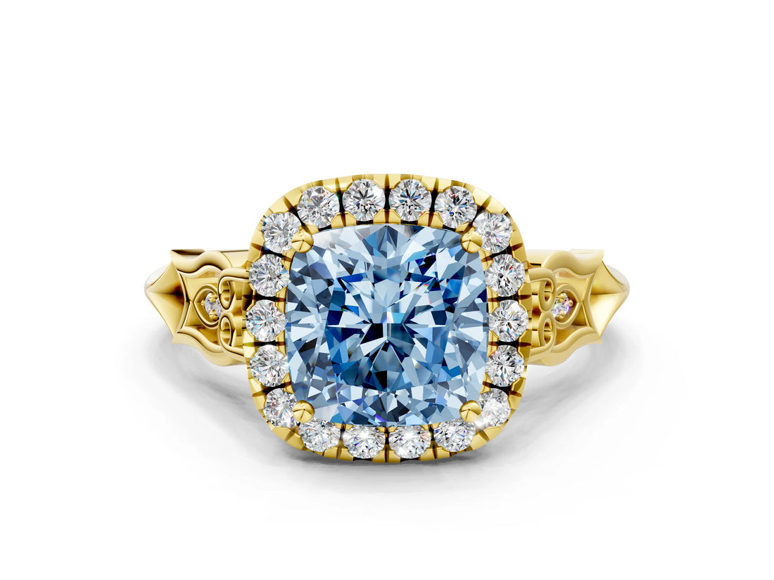 Yellow gold Fancy Blue Cushion  Halo Diamond Engagement Ring with Filigree Band and Four-Prong Setting_81