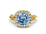 Yellow gold Fancy Blue Cushion  Halo Diamond Engagement Ring with Filigree Band and Four-Prong Setting_81