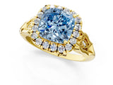 Yellow gold Fancy Blue Cushion  Halo Diamond Engagement Ring with Filigree Band and Four-Prong Setting_82