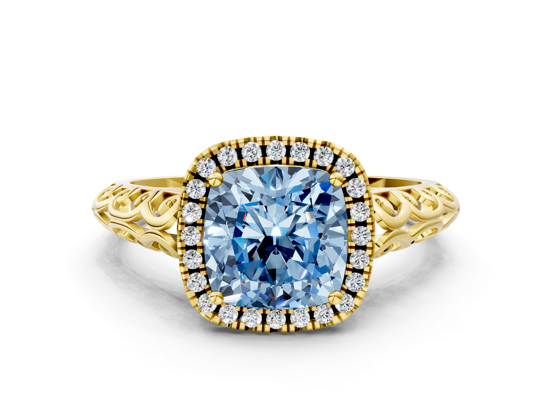 Yellow gold Fancy Blue Cushion  Halo Diamond Engagement Ring with Intricate Filigree Band and Four-Prong Setting_37