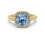 Yellow gold Fancy Blue Cushion  Halo Diamond Engagement Ring with Intricate Filigree Band and Four-Prong Setting_37
