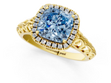 Yellow gold Fancy Blue Cushion  Halo Diamond Engagement Ring with Intricate Filigree Band and Four-Prong Setting_38