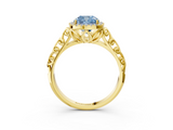 Yellow gold Fancy Blue Cushion  Halo Diamond Engagement Ring with Intricate Filigree Band and Four-Prong Setting_40