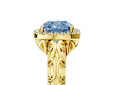 Yellow gold Fancy Blue Cushion  Halo Diamond Engagement Ring with Intricate Filigree Band and Four-Prong Setting_42