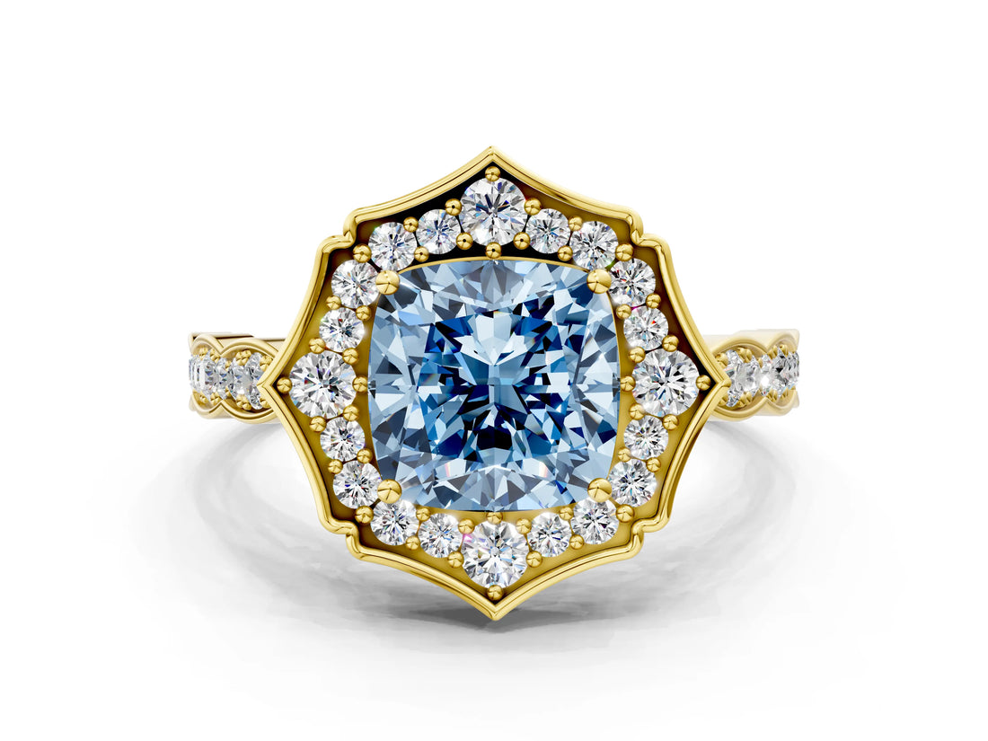 Yellow gold Fancy Blue Cushion  Halo Diamond Engagement Ring with Milgrain Band and Four-Prong Setting_54