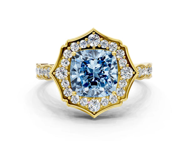 Yellow gold Fancy Blue Cushion  Halo Diamond Engagement Ring with Milgrain Band and Four-Prong Setting