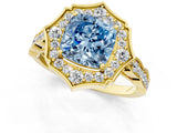 Yellow gold Fancy Blue Cushion  Halo Diamond Engagement Ring with Milgrain Band and Four-Prong Setting_55