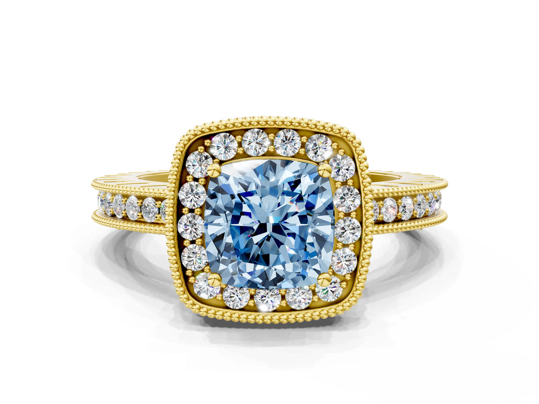 Yellow gold Fancy Blue Cushion  Halo Diamond Engagement Ring with Milgrain Pave Band and Four-Prong Setting_111