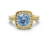 Yellow gold Fancy Blue Cushion  Halo Diamond Engagement Ring with Milgrain Pave Band and Four-Prong Setting_111