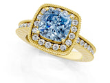 Yellow gold Fancy Blue Cushion  Halo Diamond Engagement Ring with Milgrain Pave Band and Four-Prong Setting_112