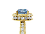 Yellow gold Fancy Blue Cushion  Halo Diamond Engagement Ring with Milgrain Pave Band and Four-Prong Setting_116