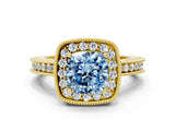 Yellow gold Fancy Blue Cushion  Halo Diamond Engagement Ring with Milgrain Pave Band and Four-Prong Setting_12