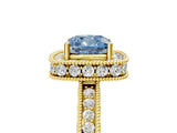 Yellow gold Fancy Blue Cushion  Halo Diamond Engagement Ring with Milgrain Pave Band and Four-Prong Setting_17