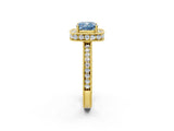 Yellow gold Fancy Blue Cushion  Halo Diamond Engagement Ring with Milgrain Pave Band and Four-Prong Setting_89