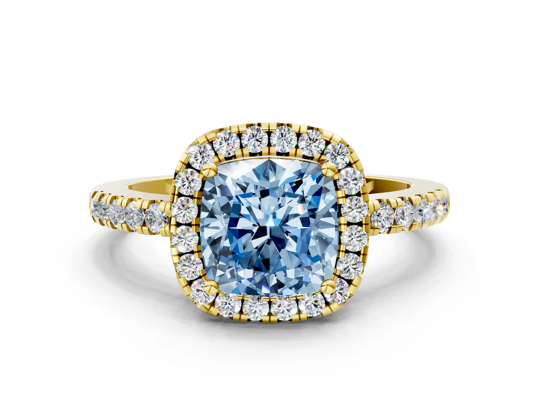 Yellow gold Fancy Blue Cushion  Halo Diamond Engagement Ring with Pavé Band and Four-Prong Setting_20
