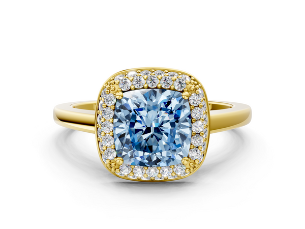 Yellow gold Fancy Blue Cushion  Halo Diamond Engagement Ring with Solitaire Band and Four-Prong Setting
