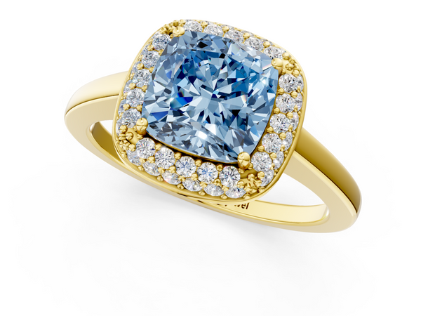 Yellow gold Fancy Blue Cushion  Halo Diamond Engagement Ring with Solitaire Band and Four-Prong Setting