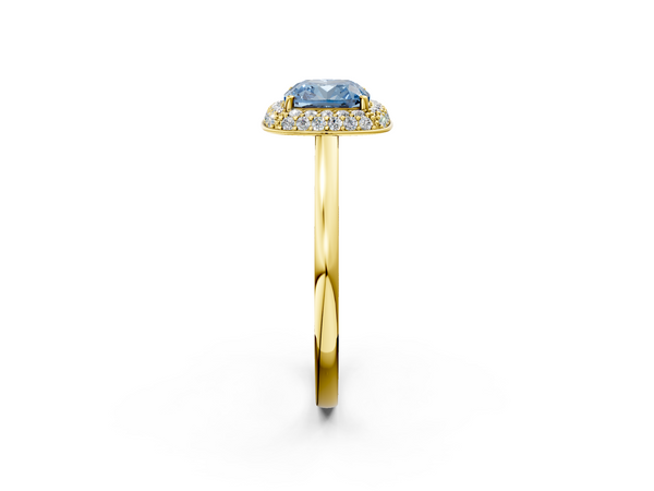 Yellow gold Fancy Blue Cushion  Halo Diamond Engagement Ring with Solitaire Band and Four-Prong Setting