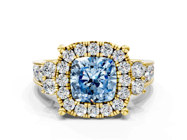 Yellow gold Fancy Blue Cushion  Halo Diamond Engagement Ring with Split Shank and Four-Prong Setting