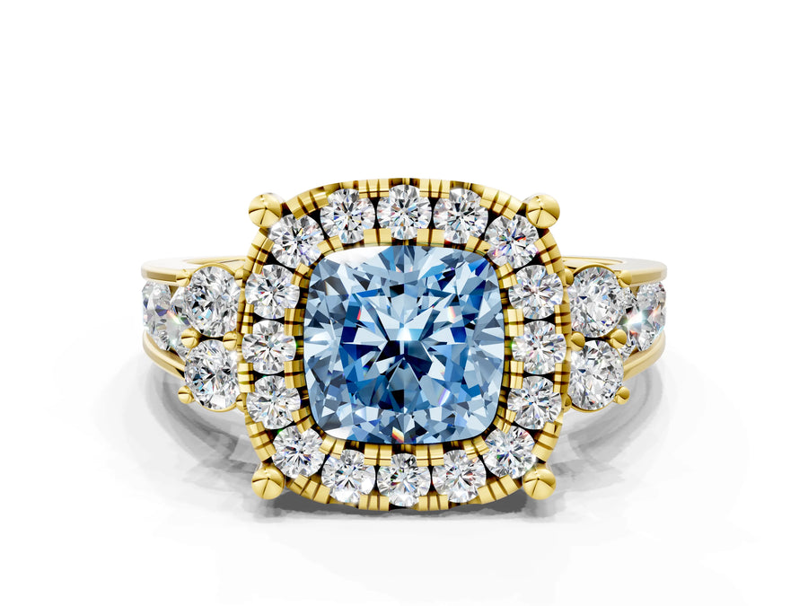 Yellow gold Fancy Blue Cushion  Halo Diamond Engagement Ring with Split Shank and Four-Prong Setting