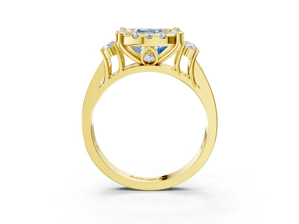 Yellow gold Fancy Blue Cushion  Halo Diamond Engagement Ring with Split Shank and Four-Prong Setting