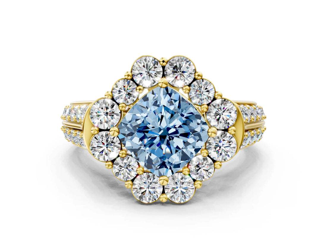 Yellow gold Fancy Blue Cushion  Halo Diamond Engagement Ring with Split Shank and Prong Setting_66