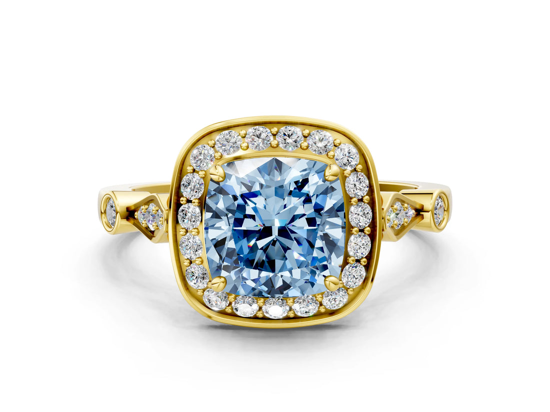 Yellow gold Fancy Blue Cushion  Halo Diamond Engagement Ring with Twisted Band and Four-Prong Setting 1