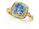 Yellow gold Fancy Blue Cushion  Halo Diamond Engagement Ring with Twisted Band and Four-Prong Setting 2