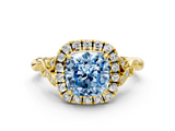 Yellow gold Fancy Blue Cushion  Halo Diamond Engagement Ring with Vintage-Inspired Band and Four-Prong Setting_3