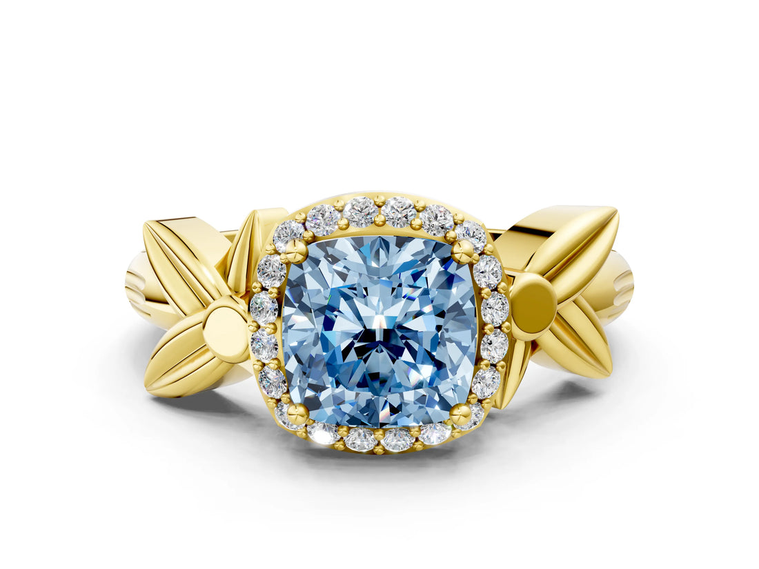 Yellow gold Fancy Blue Cushion  Halo Diamond Floral Band with Four-Prong Setting_55