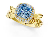 Yellow gold Fancy Blue Cushion  Halo Diamond Floral Band with Four-Prong Setting_56