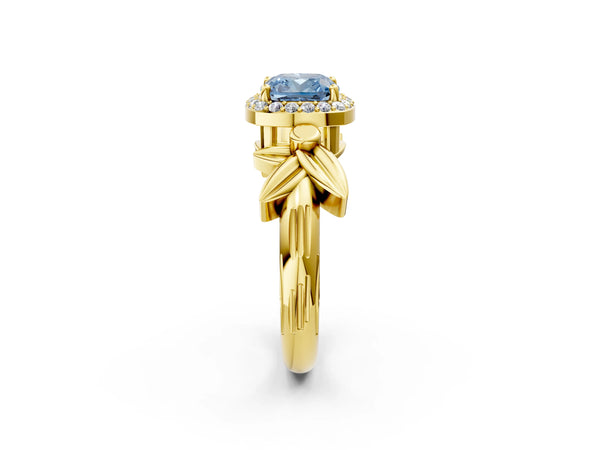 Yellow gold Fancy Blue Cushion  Halo Diamond Floral Band with Four-Prong Setting