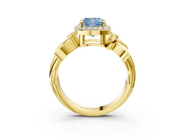 Yellow gold Fancy Blue Cushion  Halo Diamond Floral Band with Four-Prong Setting