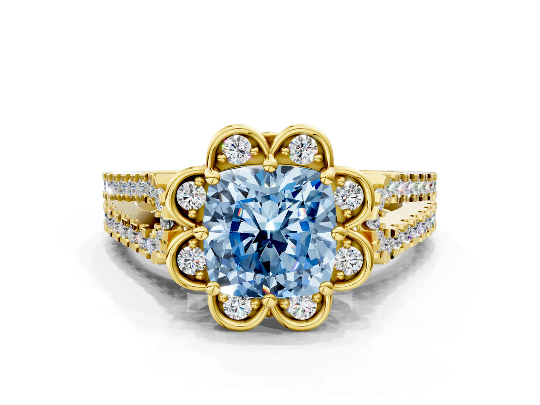 Yellow gold Fancy Blue Cushion  Halo Diamond Floral Split Shank Engagement Ring 1