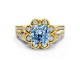 Yellow gold Fancy Blue Cushion  Halo Diamond Floral Split Shank Engagement Ring 1