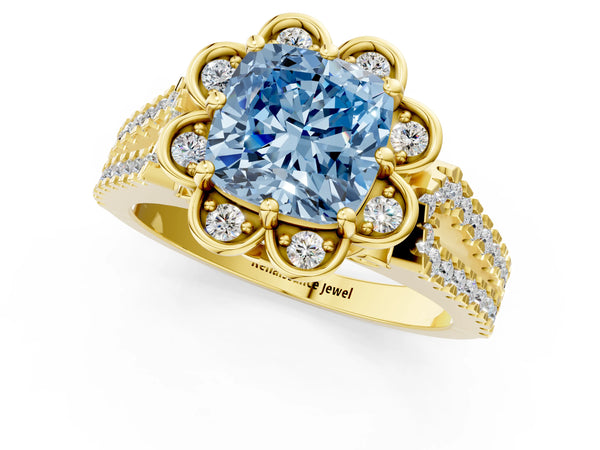 Yellow gold Fancy Blue Cushion  Halo Diamond Floral Split Shank Engagement Ring