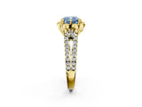 Yellow gold Fancy Blue Cushion  Halo Diamond Floral Split Shank Engagement Ring 3