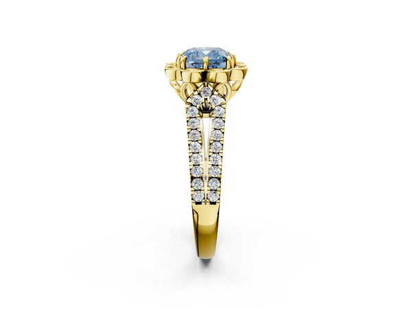 Yellow gold Fancy Blue Cushion  Halo Diamond Floral Split Shank Engagement Ring