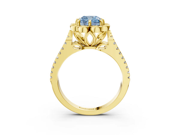 Yellow gold Fancy Blue Cushion  Halo Diamond Floral Split Shank Engagement Ring