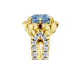 Yellow gold Fancy Blue Cushion  Halo Diamond Floral Split Shank Engagement Ring