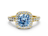 Yellow gold Fancy Blue Cushion  Halo Diamond Pavé Band Ring with Prong Setting_19