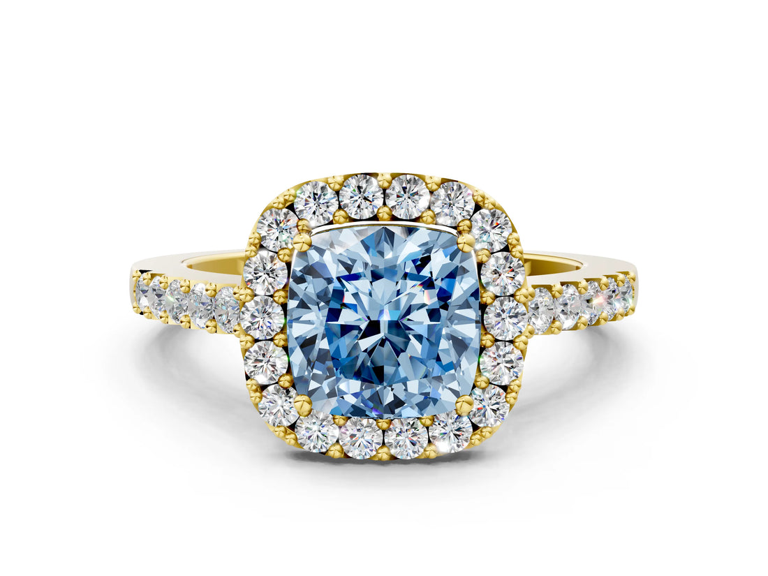 Yellow gold Fancy Blue Cushion  Halo Diamond Pavé Solitaire Ring_51