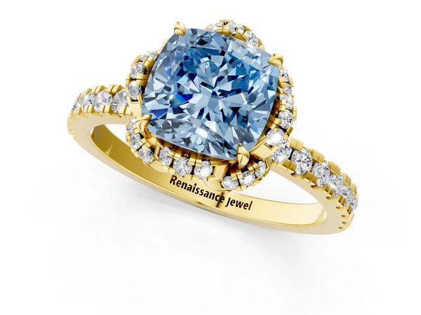 Yellow gold Fancy Blue Cushion  Halo Diamond Pave Band Ring with Four-Prong Setting