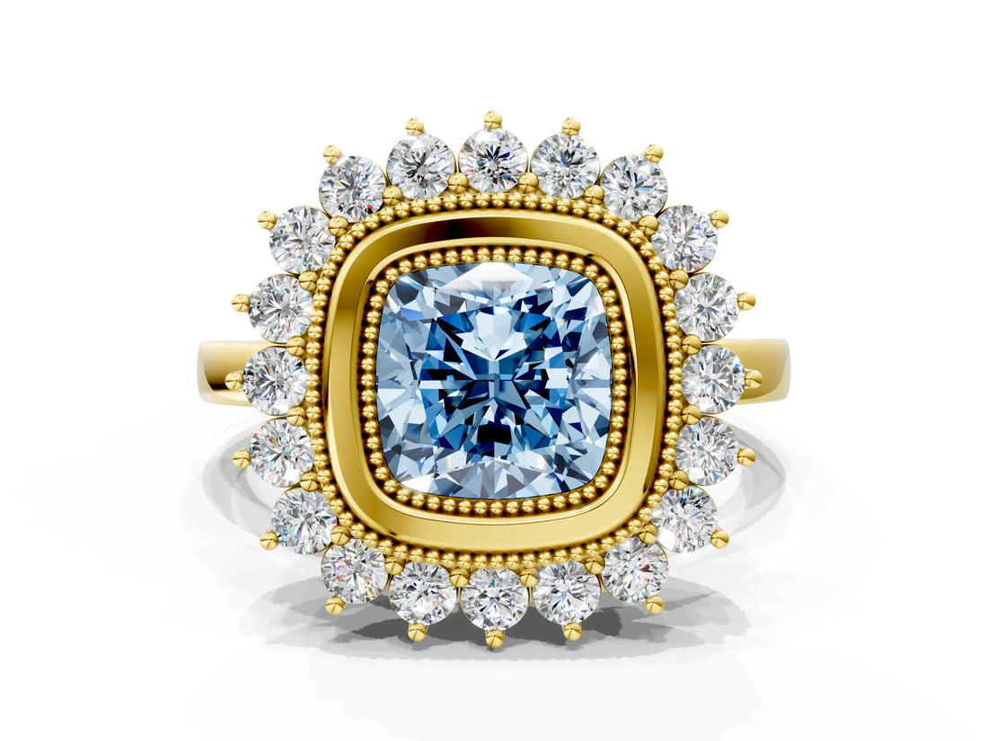 Yellow gold Fancy Blue Cushion  Halo Diamond Ring with Milgrain Edge and Round Prong Setting_26