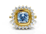 Yellow gold Fancy Blue Cushion  Halo Diamond Ring with Milgrain Edge and Round Prong Setting_26