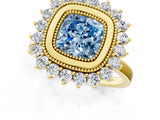 Yellow gold Fancy Blue Cushion  Halo Diamond Ring with Milgrain Edge and Round Prong Setting_27