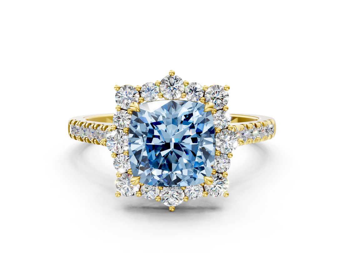 Yellow gold Fancy Blue Cushion  Halo Diamond Ring with Pavé Band and Prong Setting_37