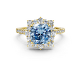 Yellow gold Fancy Blue Cushion  Halo Diamond Ring with Pavé Band and Prong Setting_37
