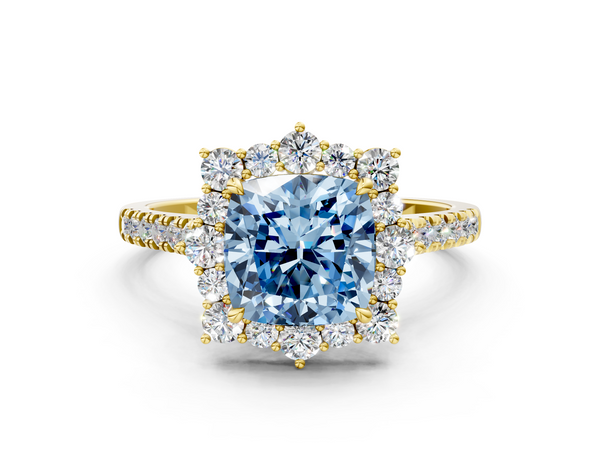 Yellow gold Fancy Blue Cushion  Halo Diamond Ring with Pavé Band and Prong Setting